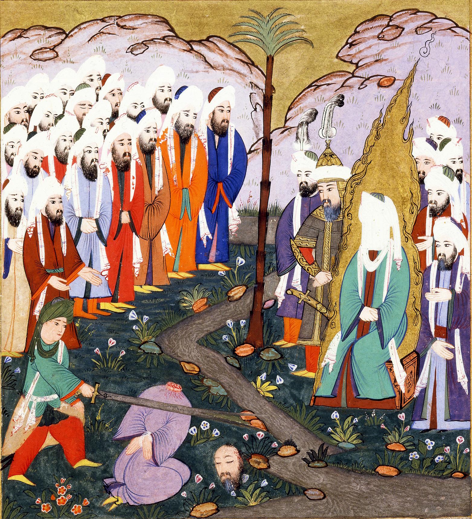 Osmanische Miniatur von 1594: Ali enthauptet Nadr ibn al-Harith in Gegenwart des Propheten Mohammed.