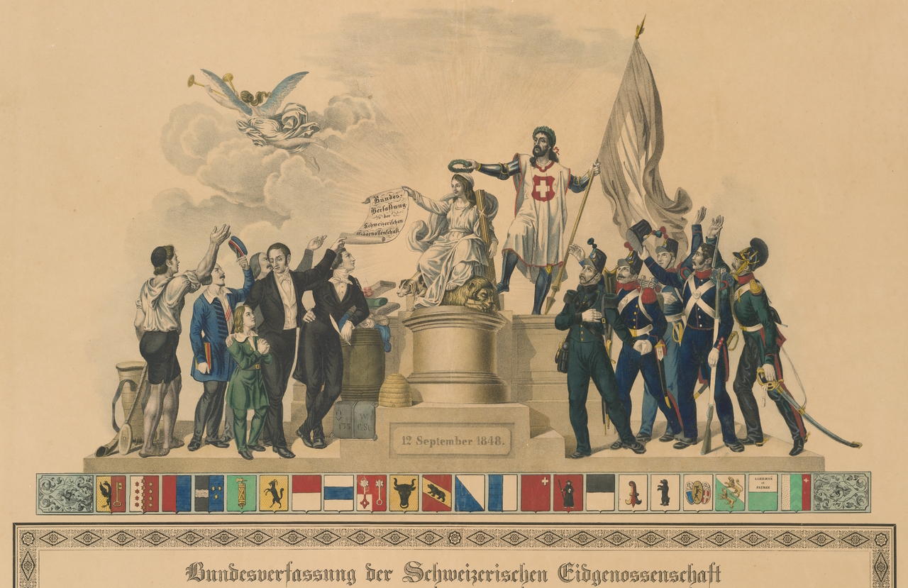 Historische Darstellung zur Schweizer Bundesverfassung von 1848 mit allegorischer Figurengruppe.