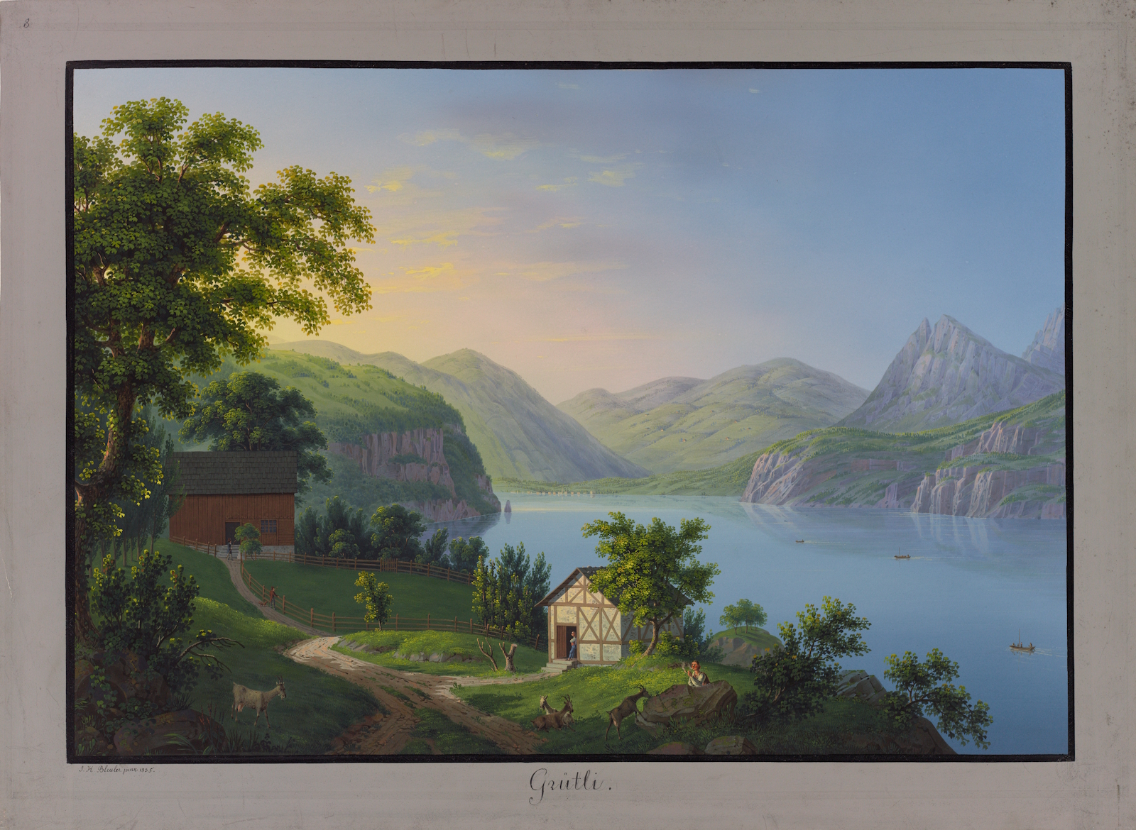 Historische Ansicht des Rütlis mit Bauernhäusern, Wiesen und Blick auf den Vierwaldstättersee und die umliegenden Berge.