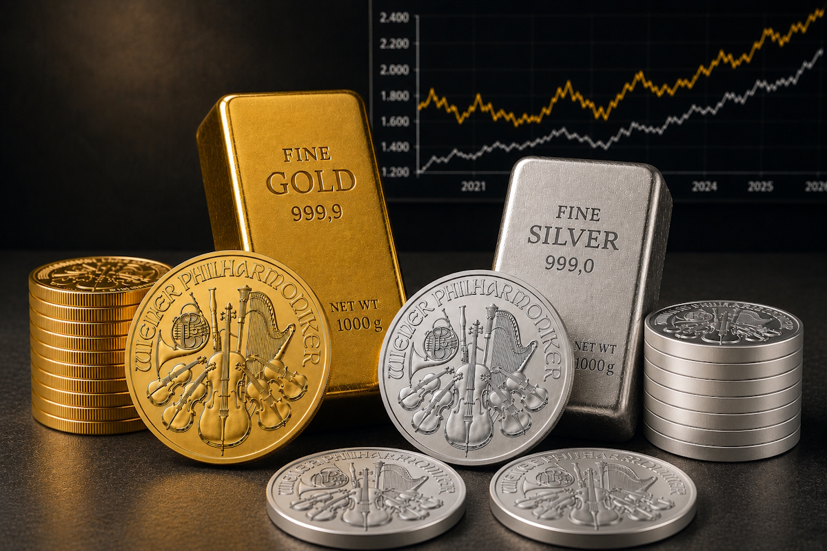 Gold- und Silberbarren mit Wiener-Philharmoniker-Anlagemünzen