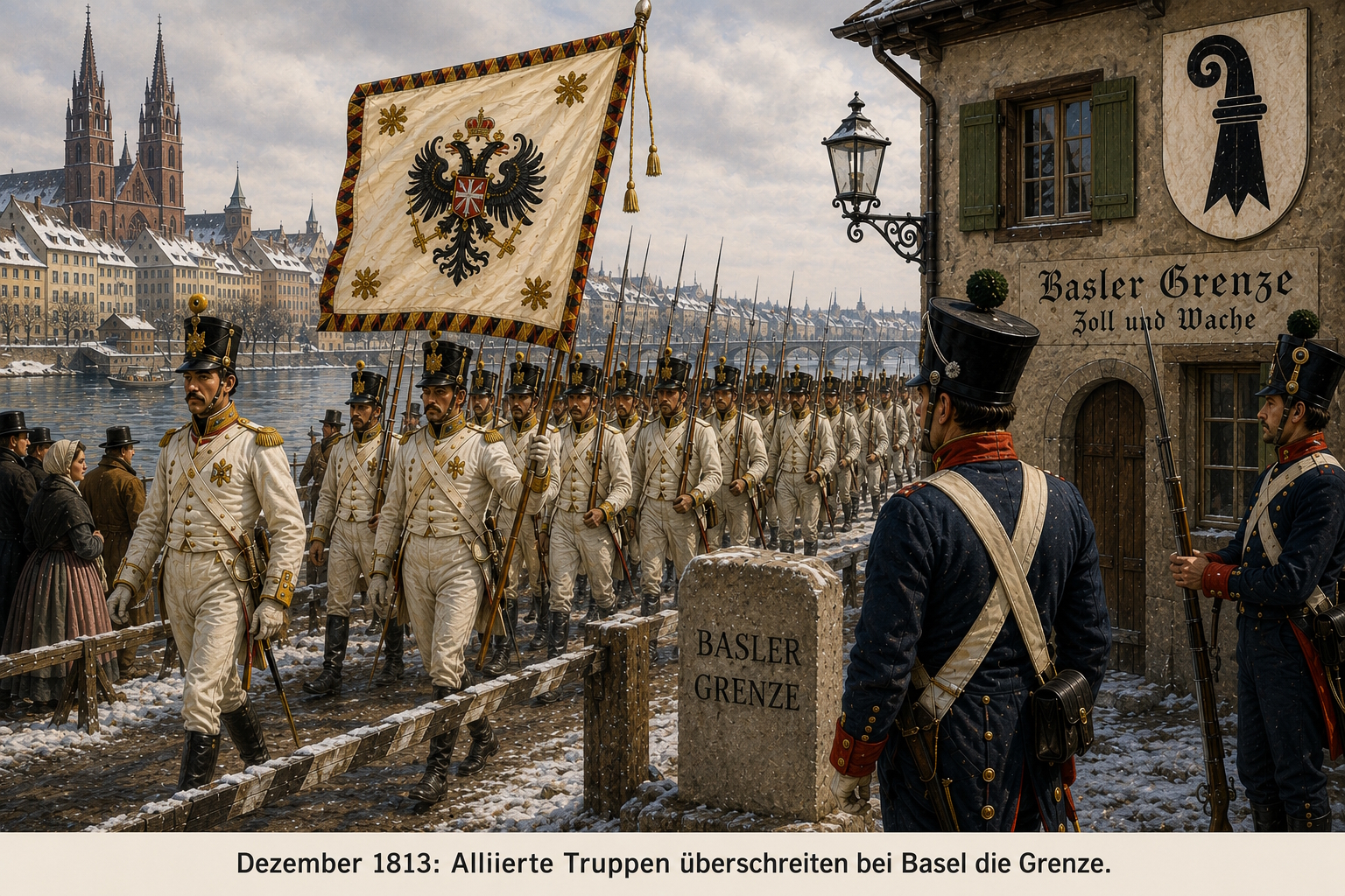 Alliierte Truppen überschreiten im Dezember 1813 bei Basel die Grenze der Schweiz