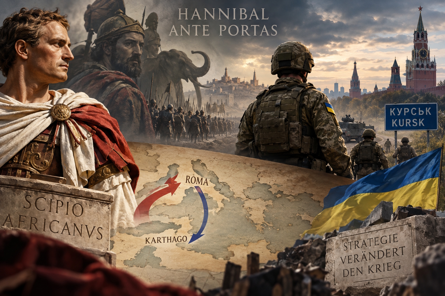 Historische Illustration von Scipio Africanus und römischen Legionären neben ukrainischen Soldaten bei der Kursk-Offensive 2024. Im Hintergrund Hannibal und Moskau.