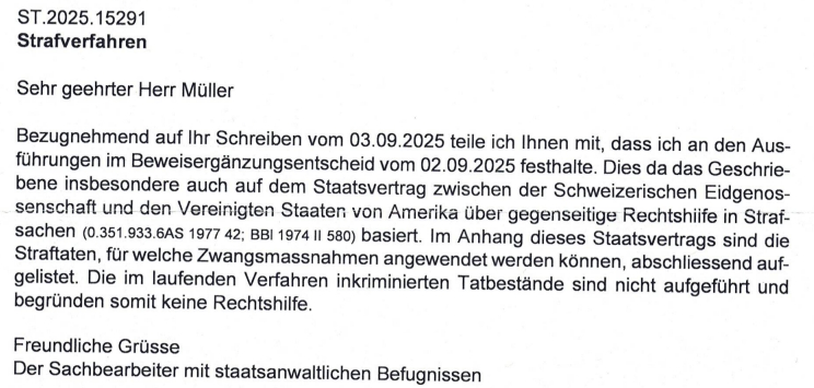 Schreiben vom 5.9.2025 - Staatsanwaltschaft Altstätten SG betreffend Rechtshilfe Schweiz-USA.