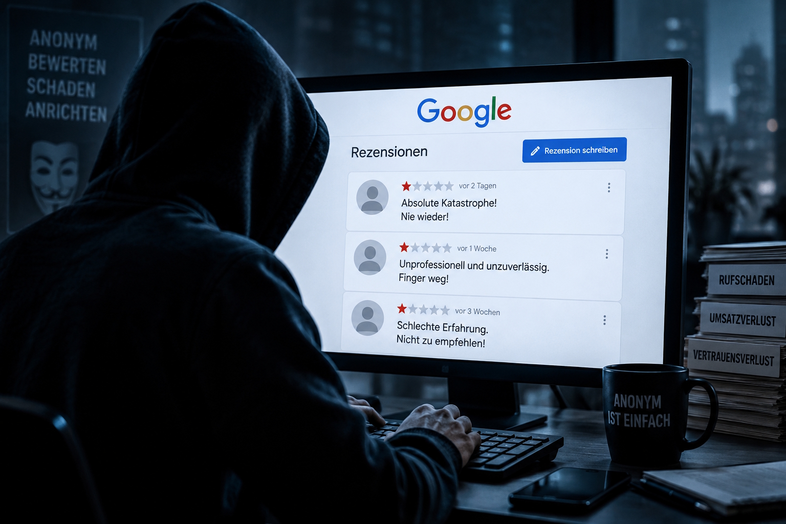 Anonyme Person mit Kapuze sitzt vor einem Computer und verfasst negative Google-Rezensionen.