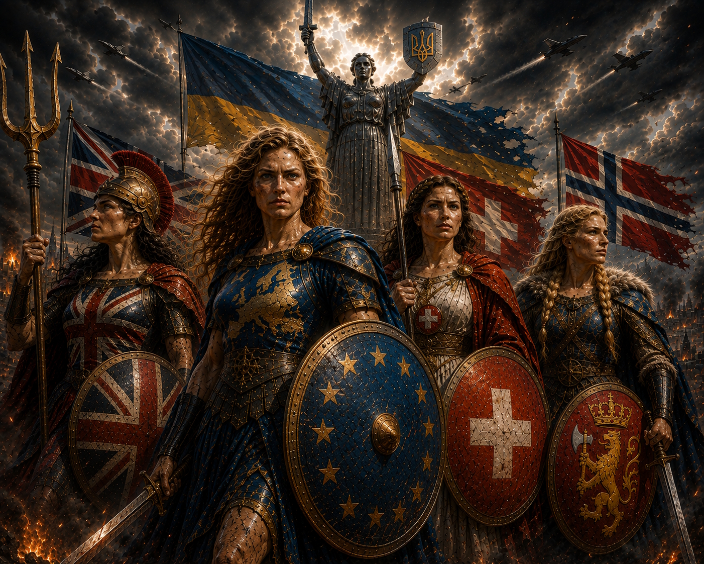 Europa braucht eine koordinierte Verteidigung: Europa, Britannia, Helvetia und Freyja mit der ukrainischen Mutter-Heimat-Statue