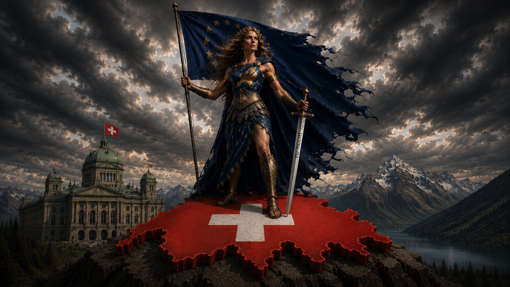 Symbolische Darstellung der EU auf der Schweiz mit EU-Fahne und Schwert vor Bundeshaus und Alpen