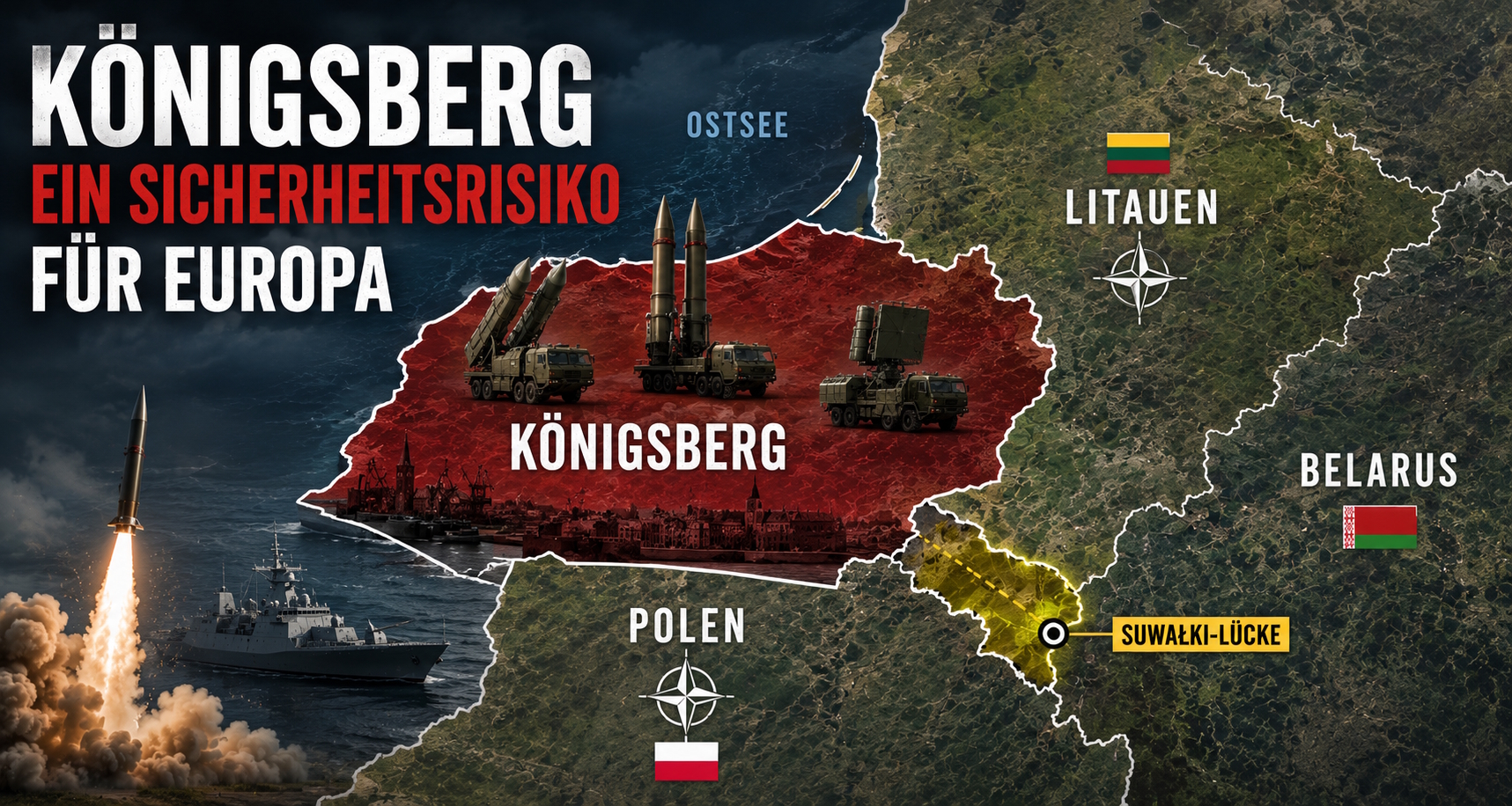 Karte von Königsberg mit russischen Raketensystemen sowie Polen, Litauen, Belarus und der Suwałki-Lücke an der NATO-Ostflanke.