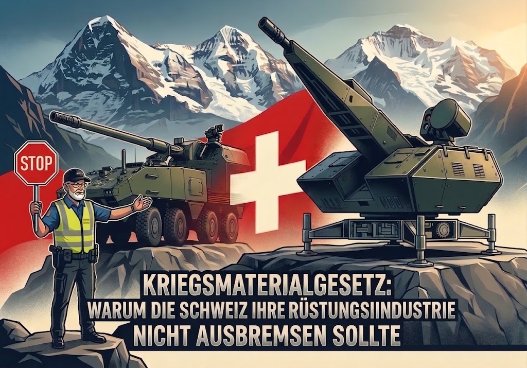 Illustration zum Kriegsmaterialgesetz mit Schweizer Rüstungsindustrie: Piranha-Radpanzer, Skynex-Flugabwehrsystem und Schweizer Zöllner mit Stoppschild