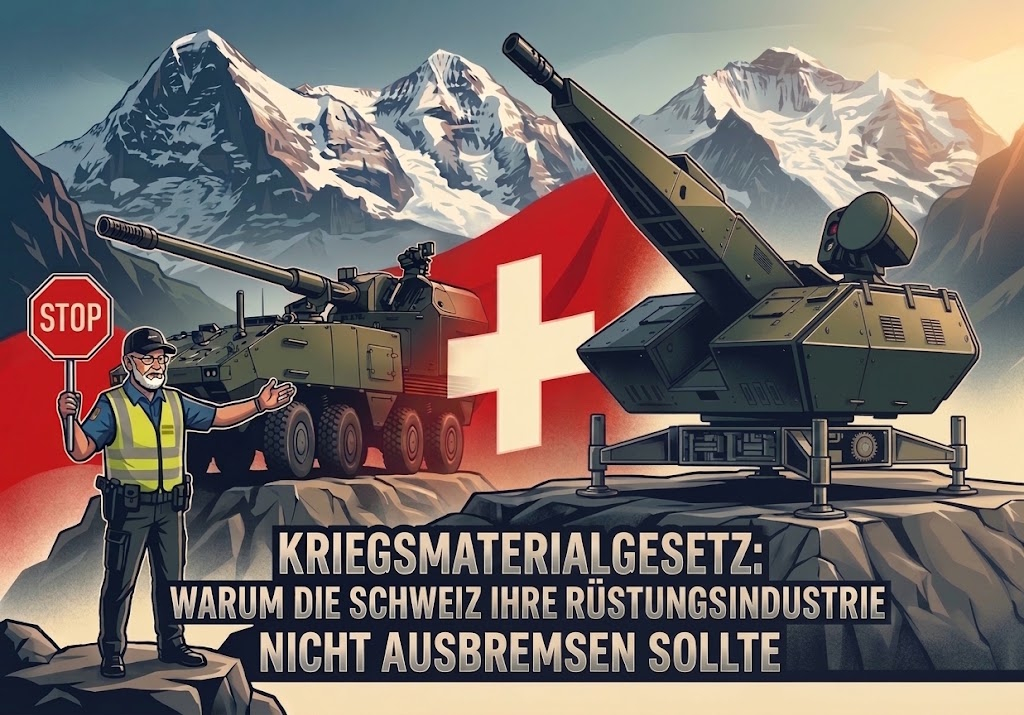 Illustration zum Kriegsmaterialgesetz mit Schweizer Rüstungsindustrie: Piranha-Radpanzer, Skynex-Flugabwehrsystem und Schweizer Zöllner mit Stoppschild