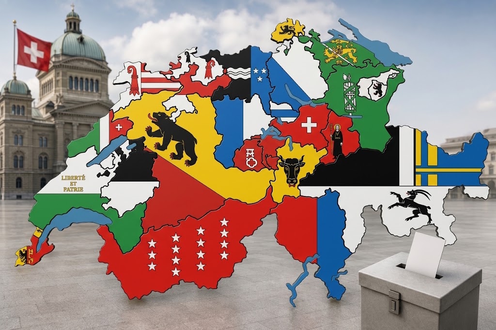 Schweizer Karte aus den einzelnen Kantonen vor dem Bundeshaus mit Abstimmungsurne als Symbol für Föderalismus und Ständemehr