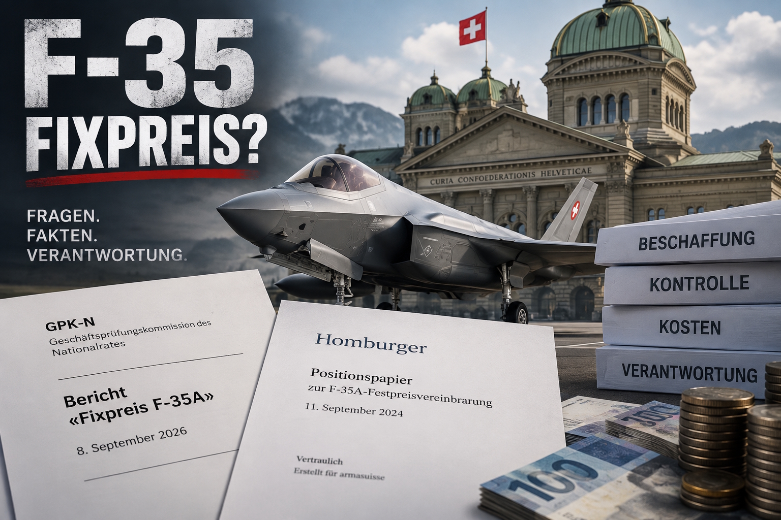 F-35-Kampfjet vor dem Bundeshaus mit Berichtsdokumenten und Geld als Symbol für den Fixpreis-Skandal und den Umgang des VBS mit Steuergeldern