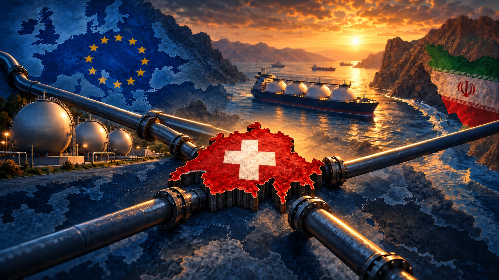 Illustration der Schweiz als zentrales Symbol im europäischen Gasnetz: Gasleitungen führen aus Europa und über LNG-Lieferungen aus dem Ausland in die Schweiz, ergänzt durch Gasspeicher, Tanker und eine geopolitische Krisenkulisse.