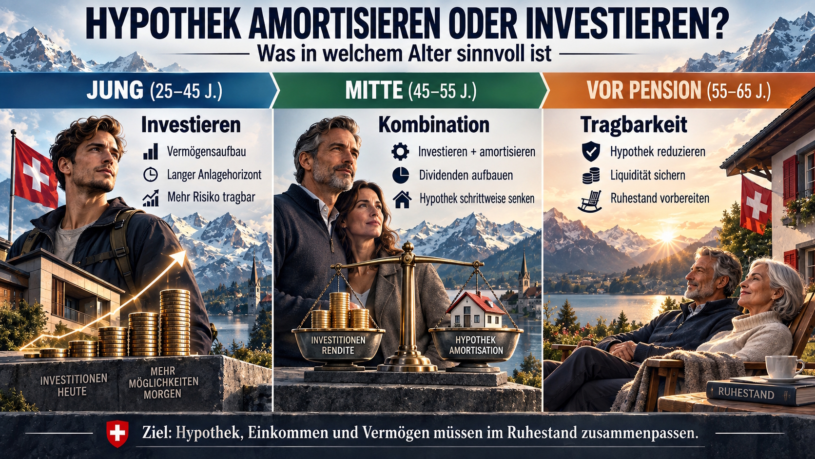Infografik: Hypothek amortisieren oder investieren je nach Alter.