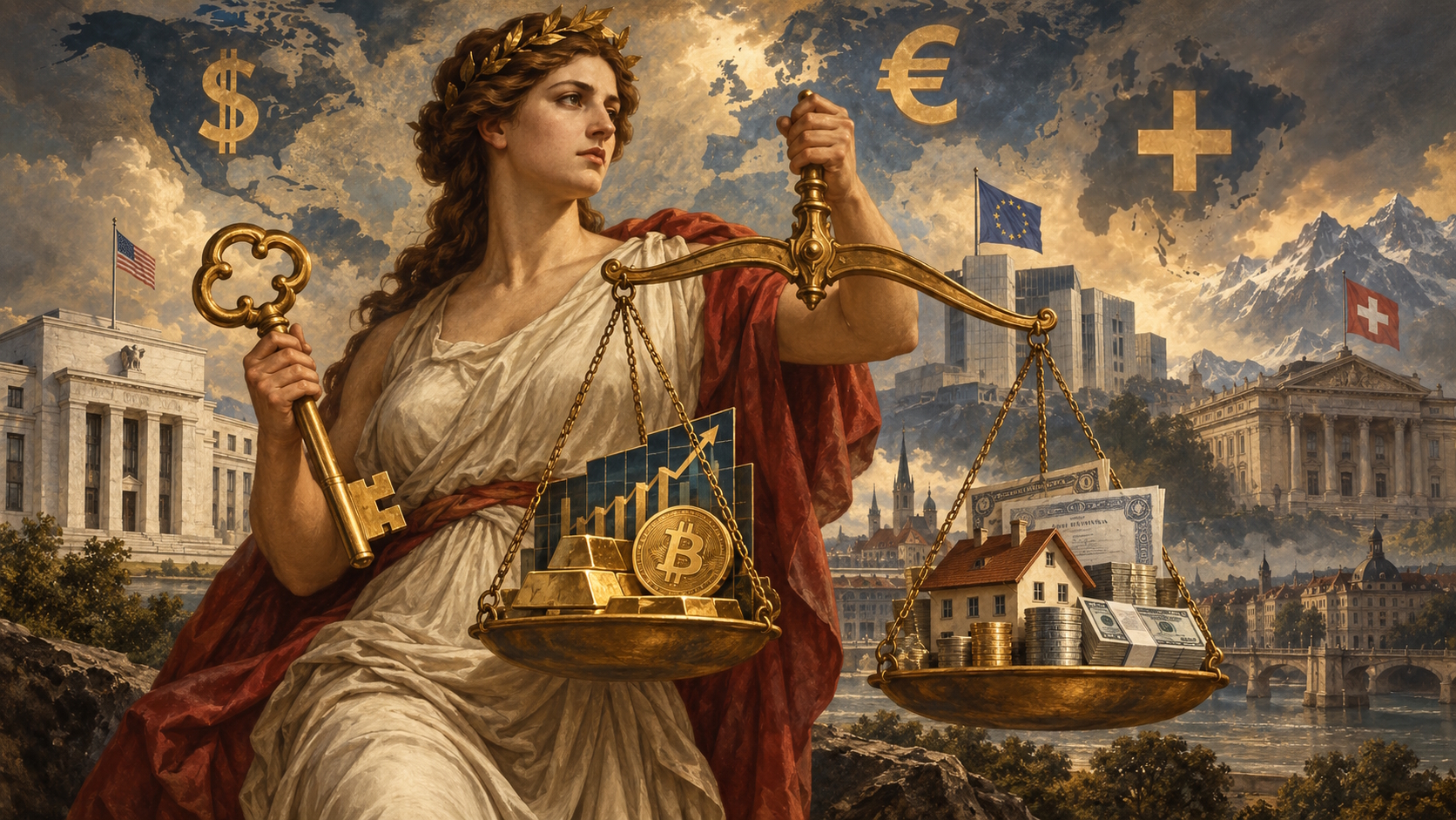 Allegorische Darstellung der Auswirkungen von Zinsentscheiden auf Aktien, Gold, Bitcoin, Anleihen und Hypotheken