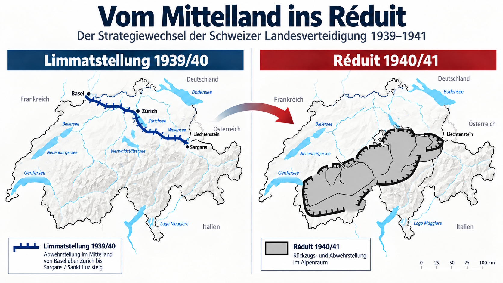 Karte der Schweiz mit der Limmatstellung 1939/40 und dem Réduit 1940/41 als Darstellung des Strategiewechsels der Schweizer Landesverteidigung.