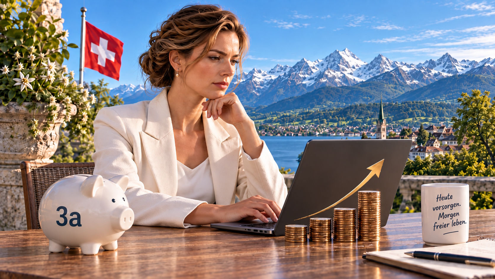 Frau mit Laptop und 3a-Sparschwein vor Schweizer Alpenlandschaft – Symbolbild für Säule 3a, Vermögensaufbau und freie Anlagen