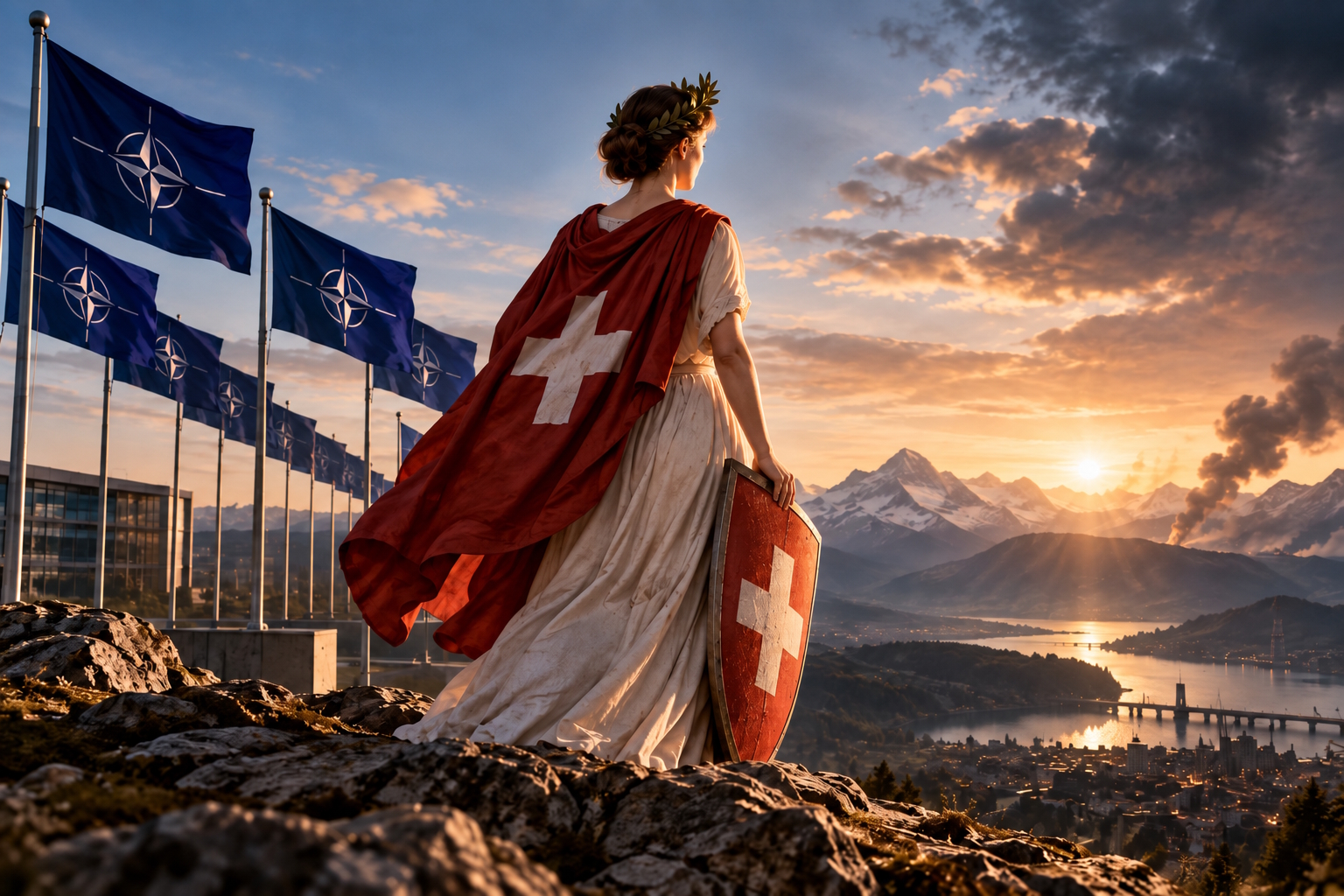 Allegorische Darstellung von Helvetia mit Schweizer Schild vor Alpenpanorama und NATO-Flaggen, Symbolbild zur Debatte über Neutralität, Abschreckung und einen möglichen NATO-Beitritt der Schweiz.