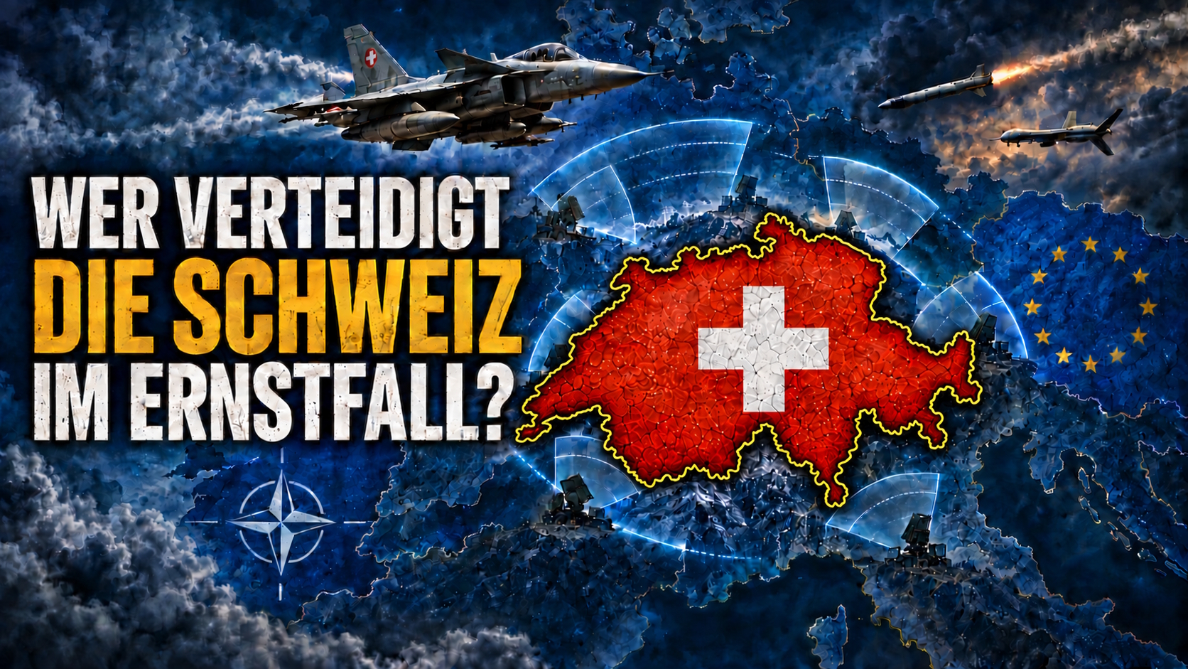 Schweizer Kampfjet über einer Europakarte mit NATO- und EU-Symbolen sowie der Frage, wer die Schweiz im Ernstfall verteidigt.
