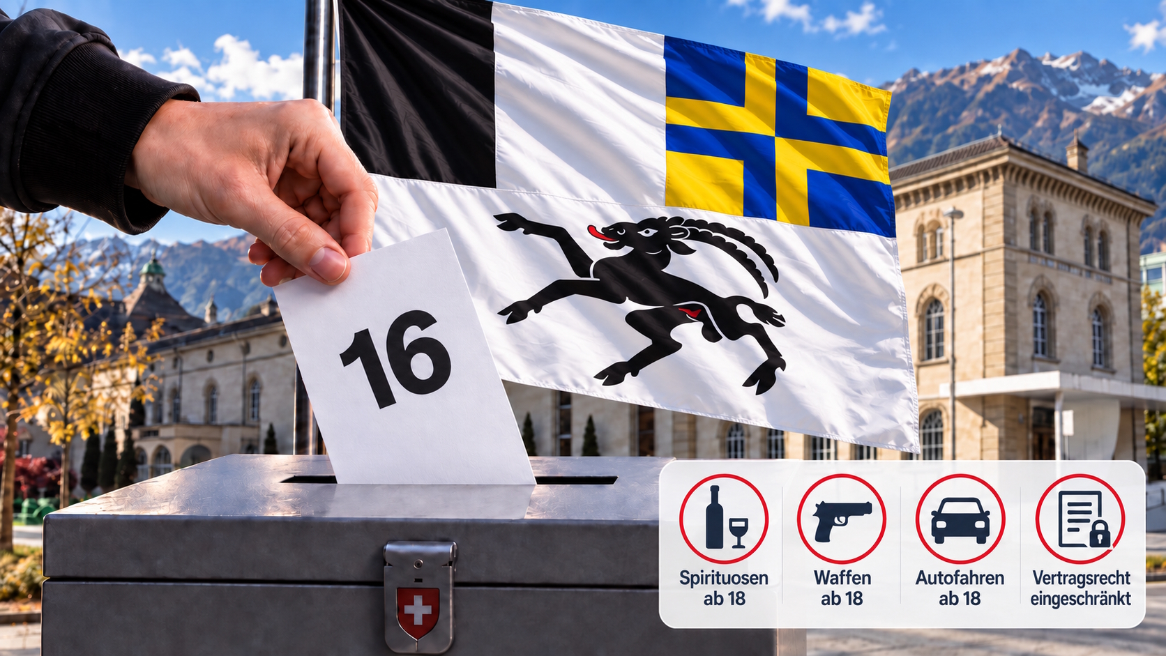 Stimmrechtsalter 16 in Graubünden: Stimmzettel mit der Zahl 16 vor Bündner Flagge und Symbolen für Altersgrenzen bei Spirituosen, Waffen, Autofahren und Vertragsrecht
