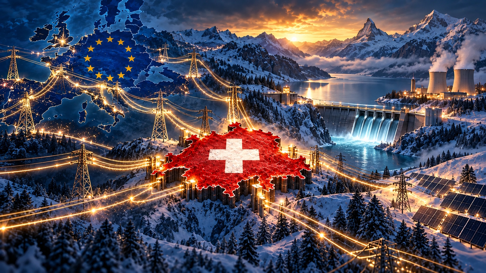 Schweizer Stromversorgung im Winter mit Wasserkraft, Kernkraft, Solarenergie und Stromimporten aus Europa