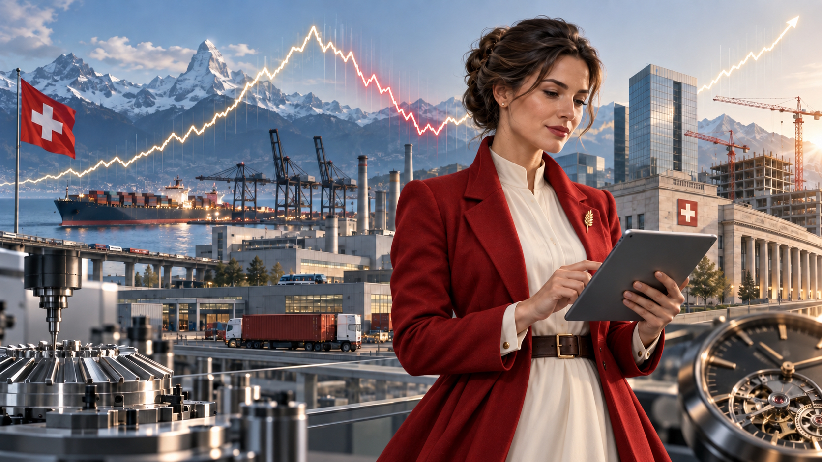 Allegorische Unternehmerin vor Schweizer Industrie, Logistik, Baustelle und Börsenkurve