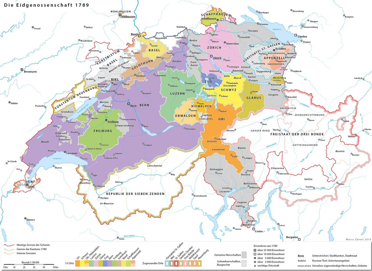 Karte der Alten Eidgenossenschaft von 1789 mit den dreizehn Orten, zugewandten Orten und Untertanengebieten.