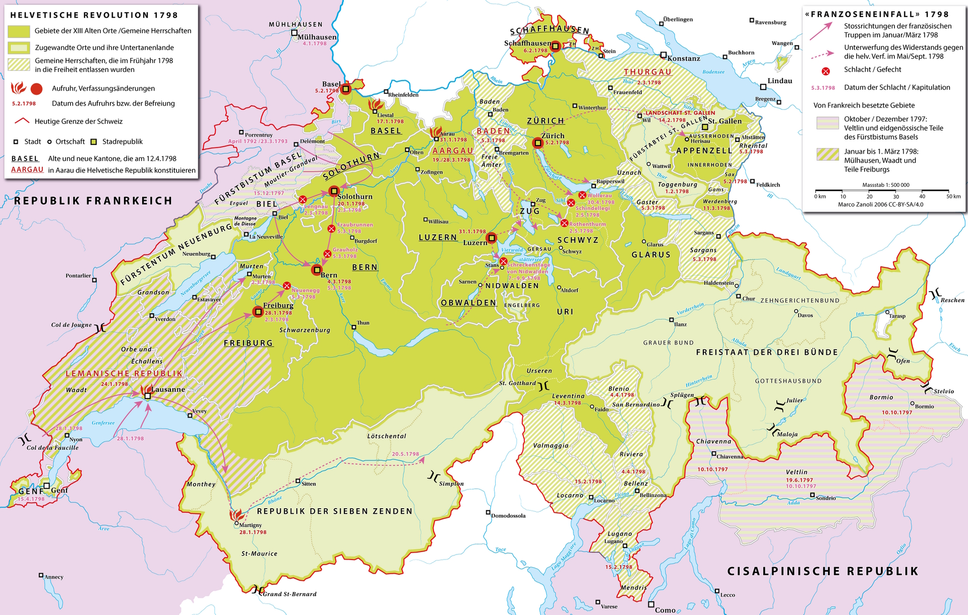 Karte der Helvetischen Revolution und des französischen Einmarsches in die Schweiz 1797–1798.