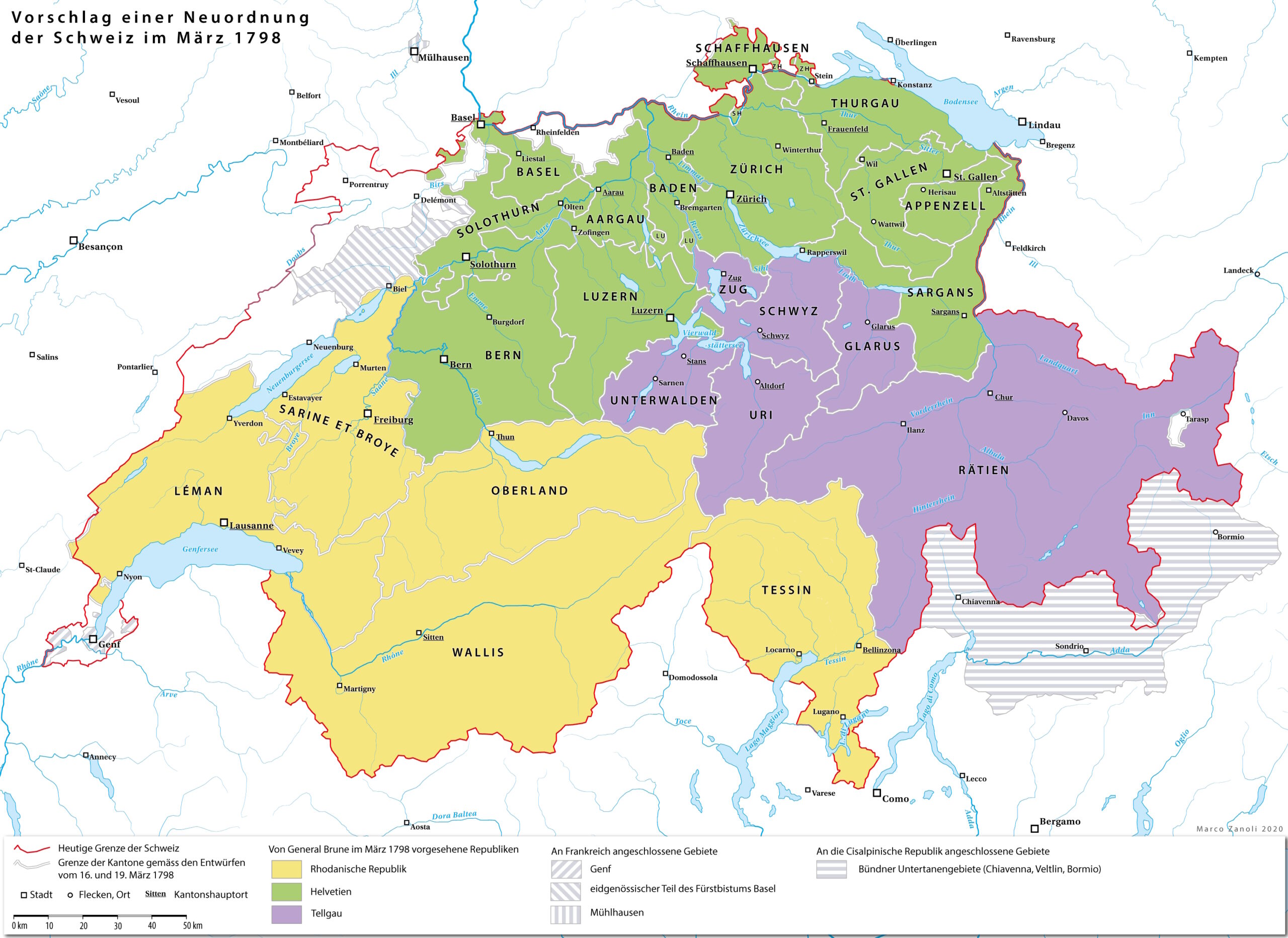 Karte von General Brunes Plan zur Aufteilung der Schweiz im März 1798 in die Rhodanische Republik, Helvetien und den Tellgau.