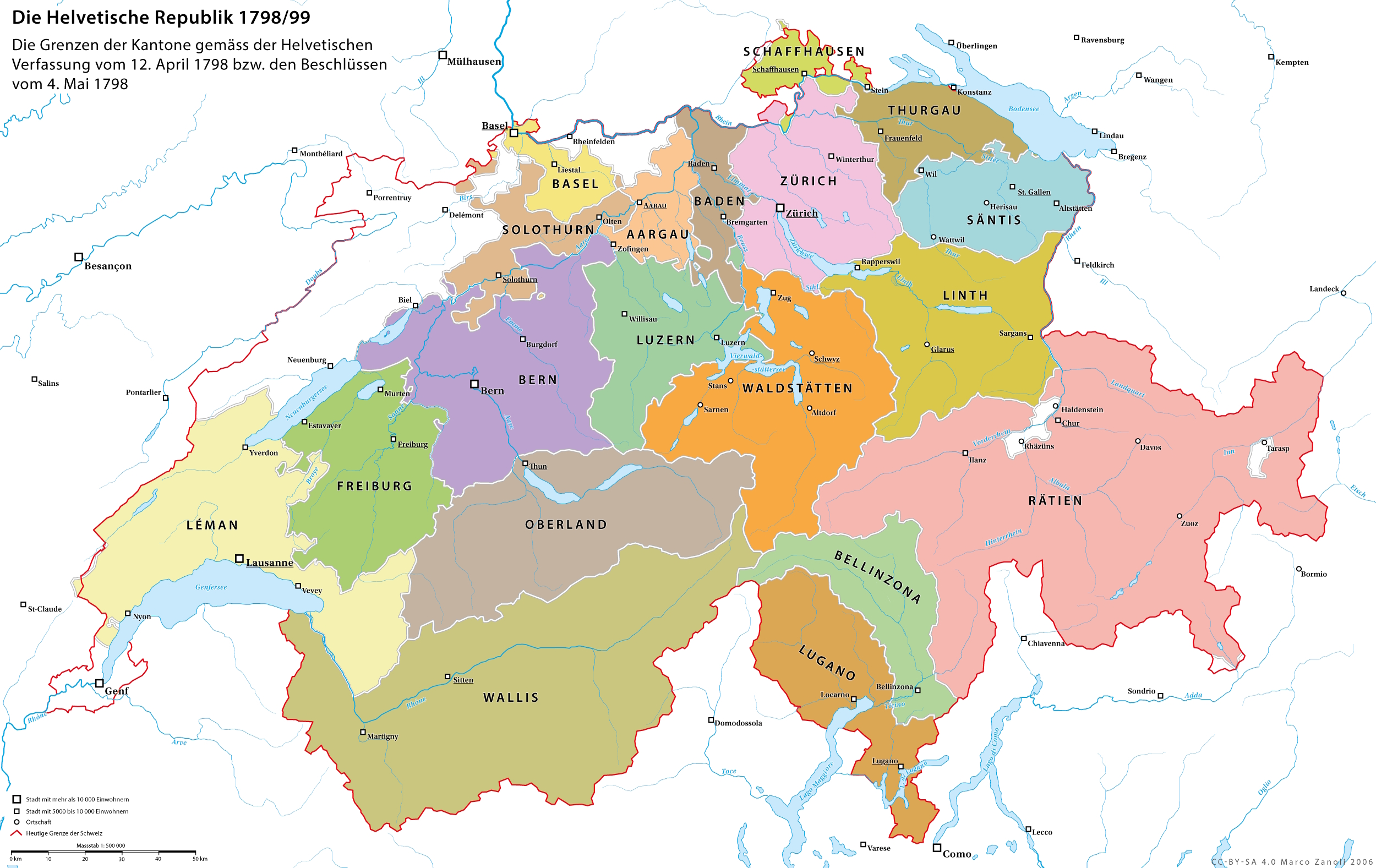 Karte der Helvetischen Republik mit ihren 19 Kantonen nach dem Anschluss Graubündens 1799.