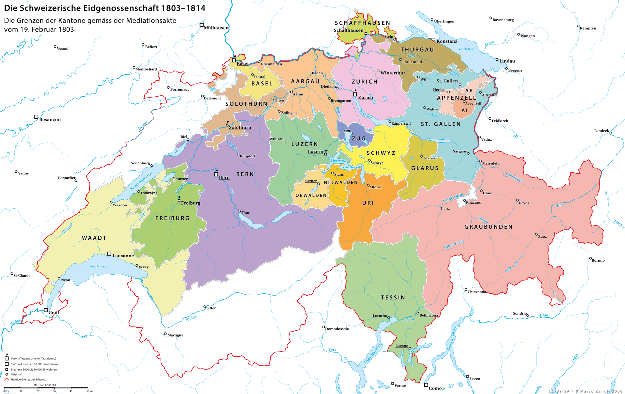Karte der Eidgenossenschaft mit ihren 19 Kantonen nach der Mediationsakte von 1803.