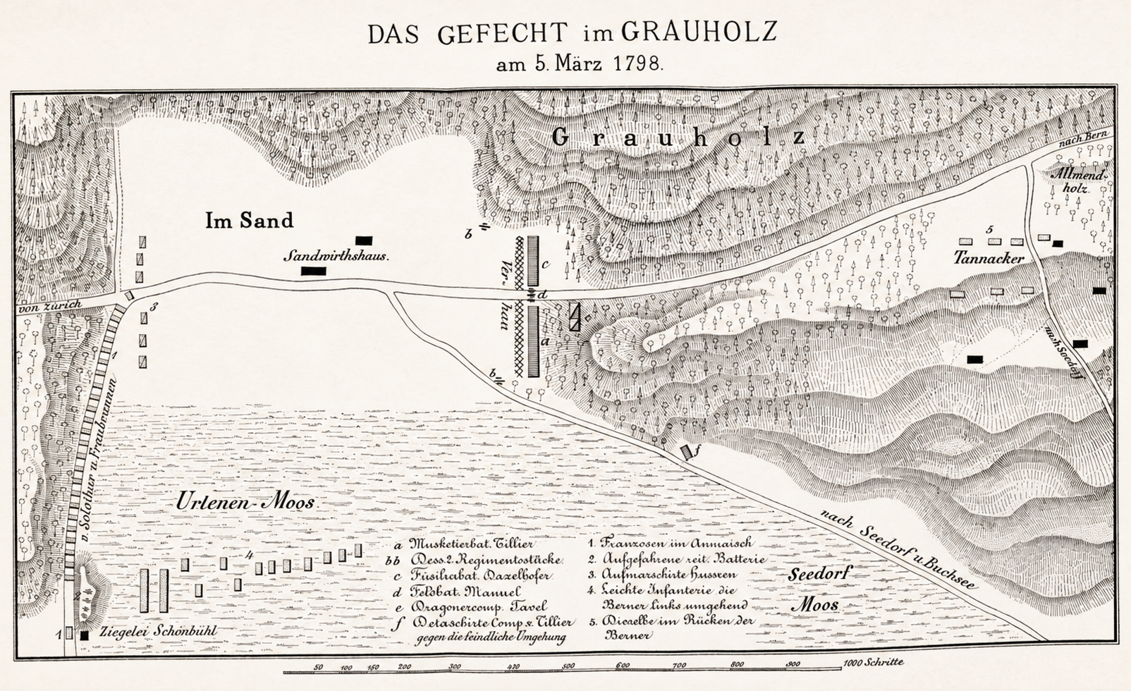 Historische Karte der Schlacht am Grauholz vom 5. März 1798 mit Berner und französischen Truppenstellungen, Strassen, Waldgebieten und Geländeformen.