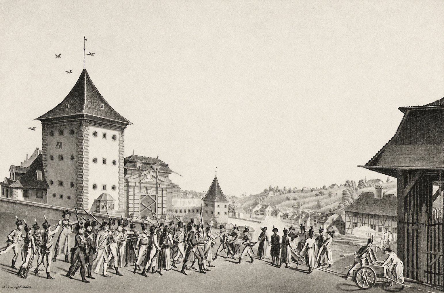 Historische Zeichnung von Karl Ludwig Zehender: Bewaffnete Männer und eine Kanone bei der Belagerung Berns im Stecklikrieg 1802.