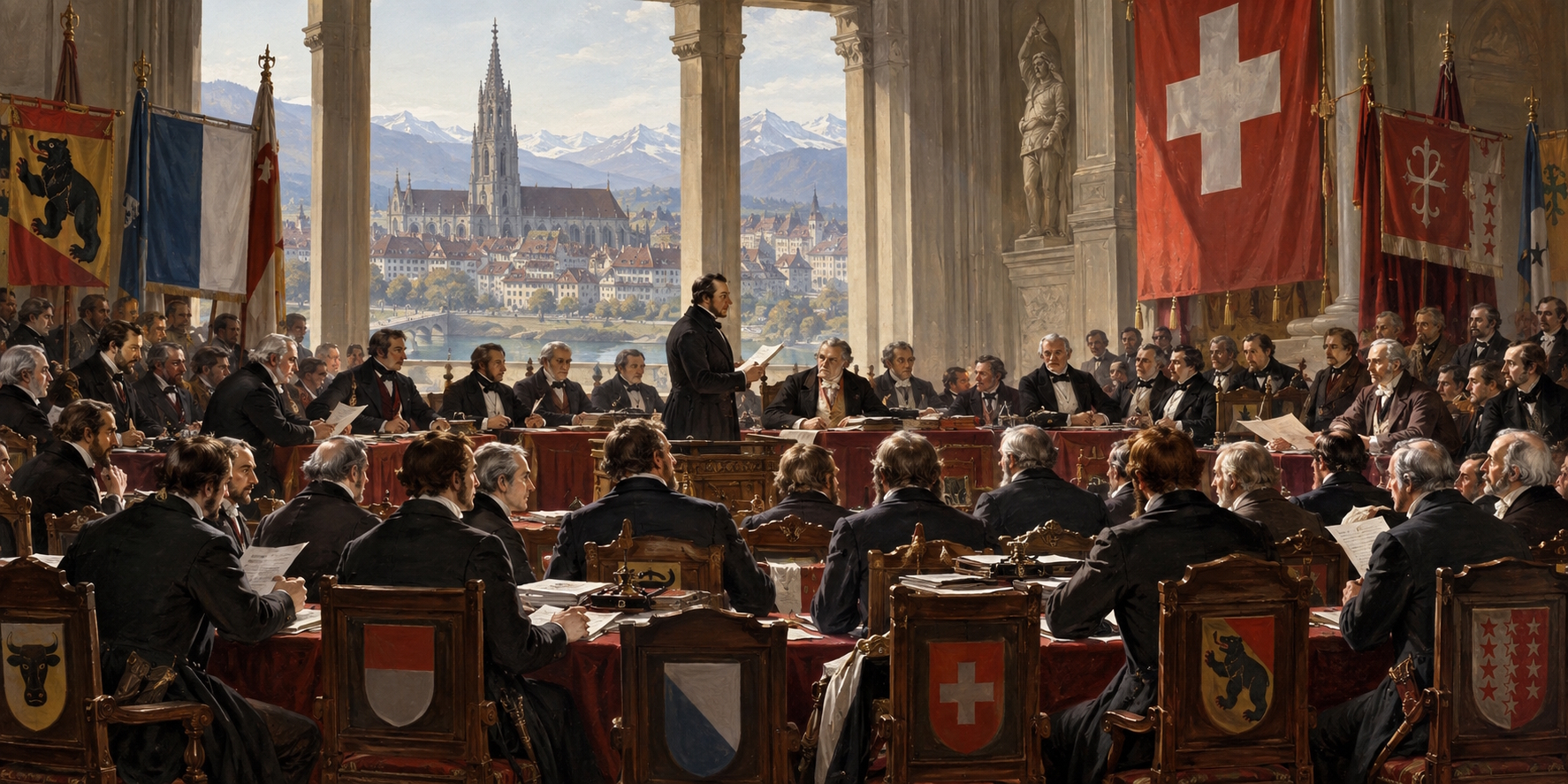 Historische Tagsatzung in Bern 1847 als Vorläufer von Ständerat und Ständemehr im Schweizer Bundesstaat.
