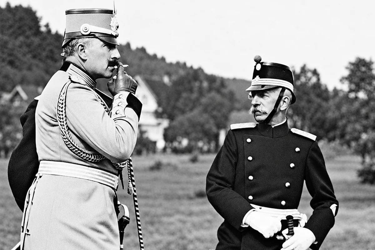 Bundesrat Arthur Hoffmann (rechts) im Gespräch mit dem deutschen Kaiser Wilhelm II. bei den Kaisermanövern 1912 in der Schweiz.
