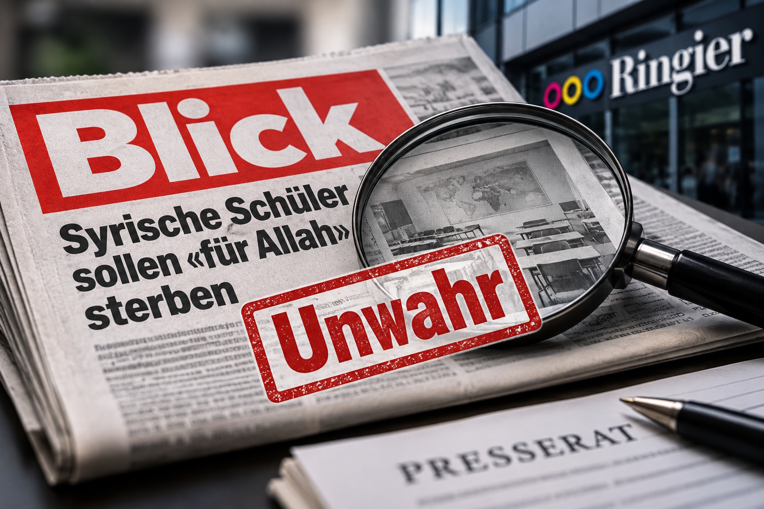 Blick-Zeitung mit der Schlagzeile «Syrische Schüler sollen für Allah sterben», rotem Stempel «Unwahr» und einer Lupe.