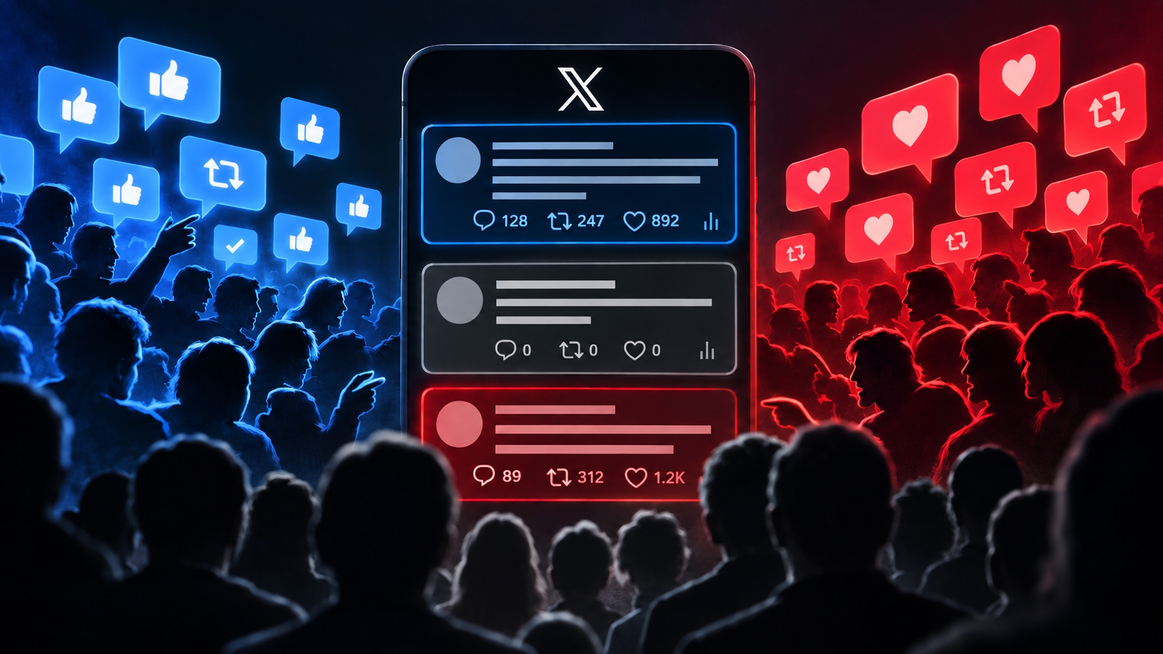 Illustration zu Echokammern auf X: Blaue und rote politische Lager verstärken ihre eigenen Beiträge, während ein grauer Beitrag kaum Reaktionen erhält.