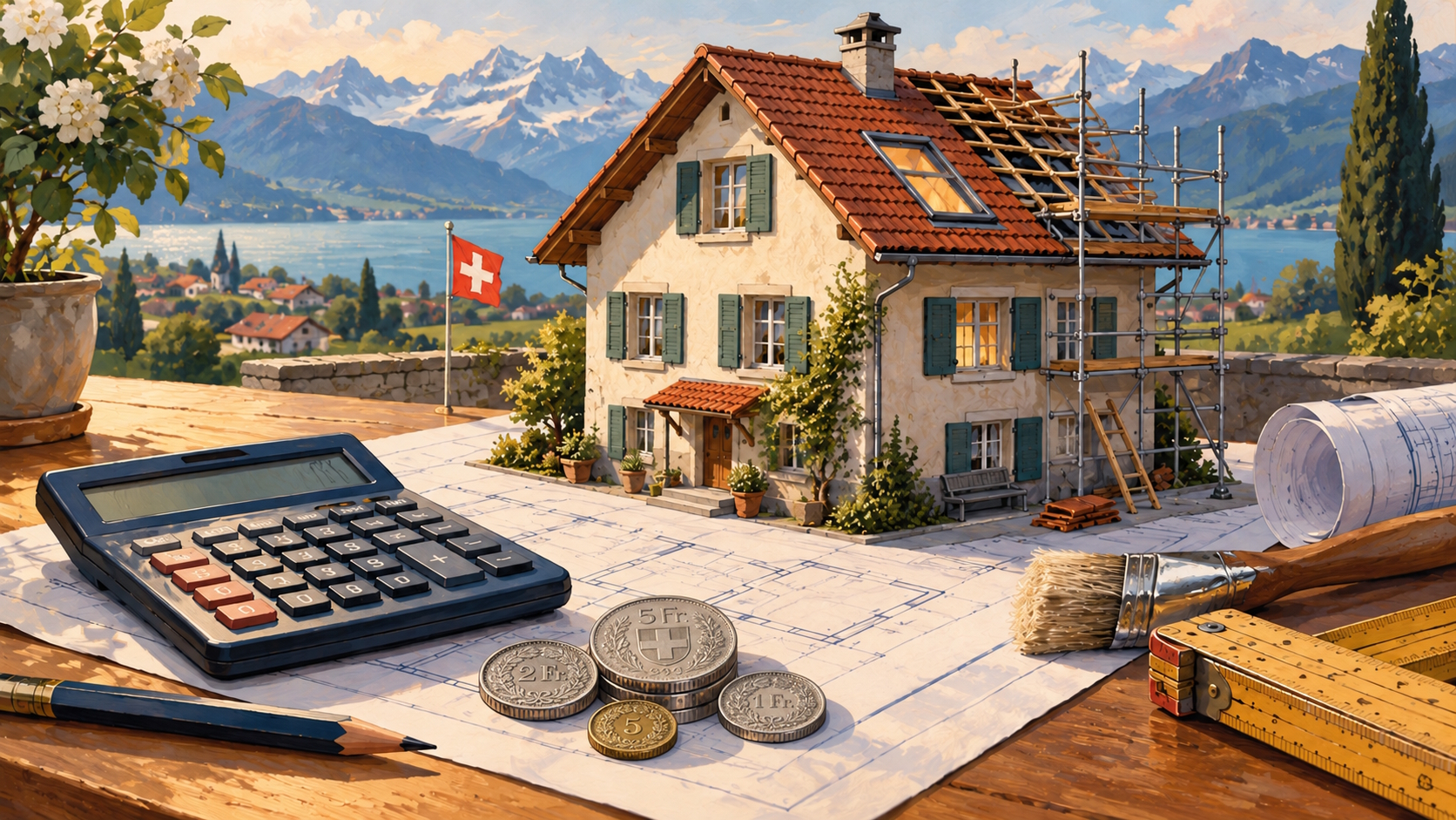 Haus mit Baugerüst auf einem Bauplan, daneben Taschenrechner, Schweizer Münzen und Werkzeug zur Renovationsplanung.
