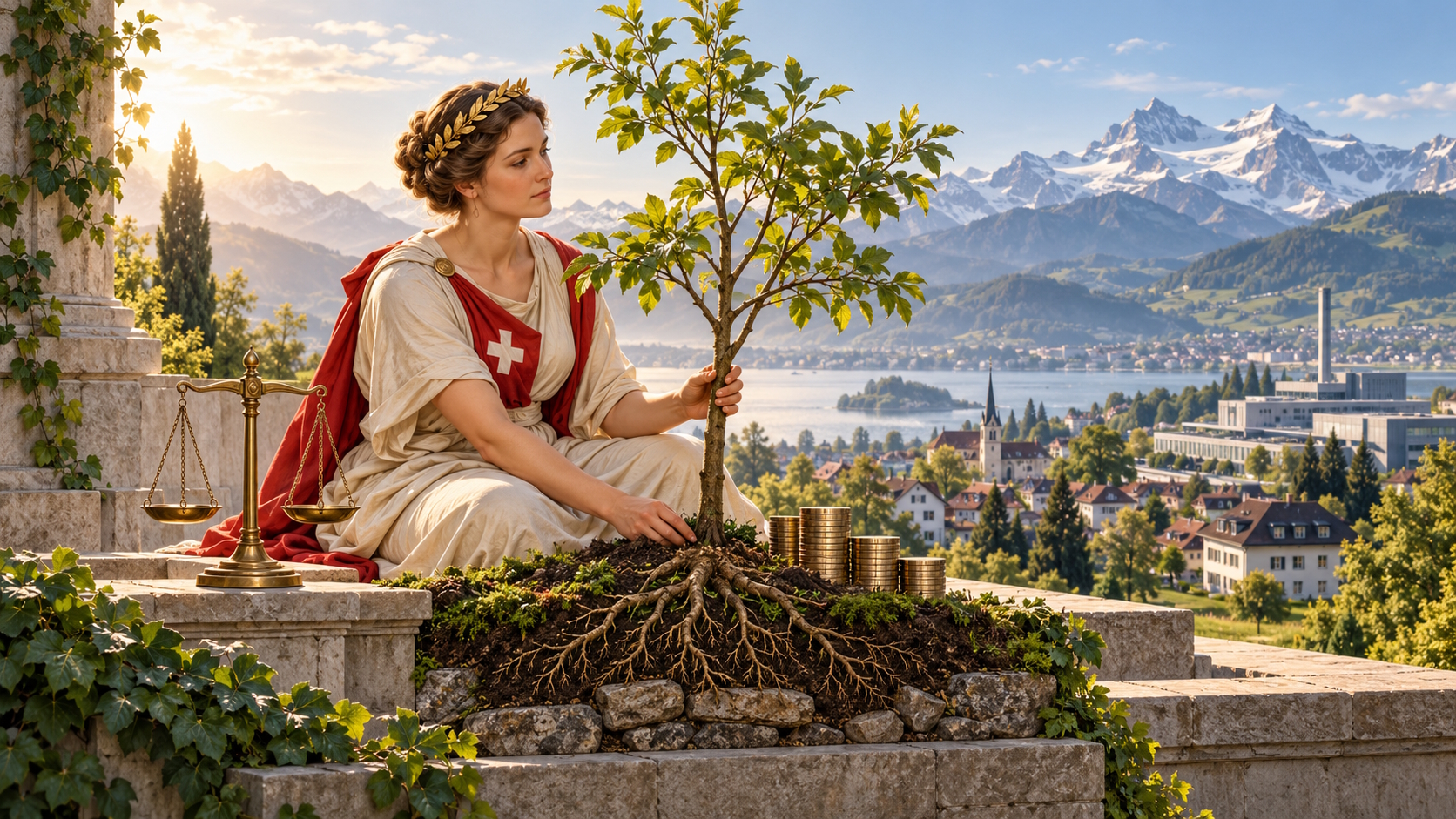 Helvetia mit einem jungen Baum, Münzstapeln und einer Waage vor Schweizer Landschaft als Allegorie für langfristigen Vermögensaufbau.