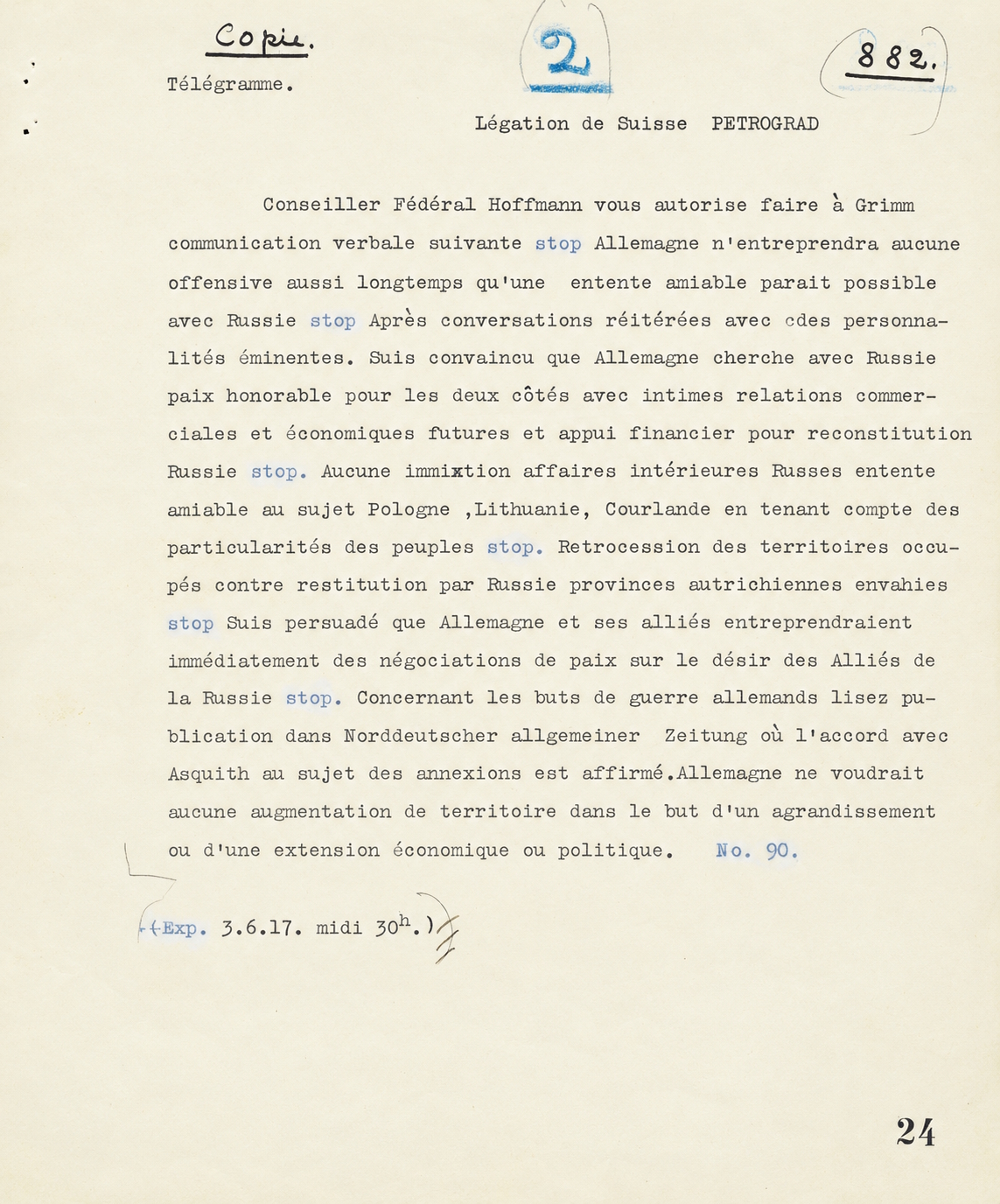 Telegramm vom 3. Juni 1917 zur Grimm-Hoffmann-Affäre mit deutschen Friedensbedingungen für Russland.