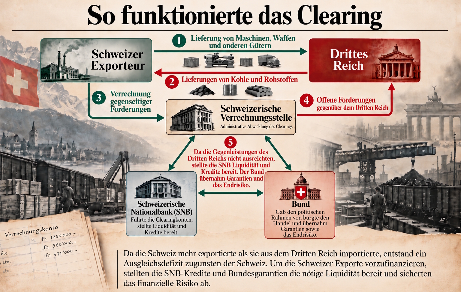 Infografik zur Kollaborationsmilliarde: Clearing zwischen der Schweiz und dem Dritten Reich mit Warenlieferungen, offenen Forderungen, Schweizerischer Verrechnungsstelle, SNB-Krediten und Bundesgarantien.