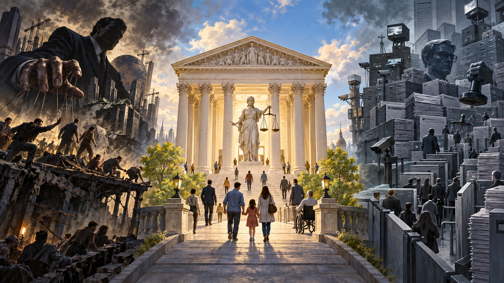 Allegorische Darstellung der Freiheit zwischen Libertarismus und staatlicher Bevormundung: In der Mitte ein liberaler Rechtsstaat mit Justitia, links Chaos und die Macht des Stärkeren, rechts Bürokratie, Überwachung und Kontrolle.
