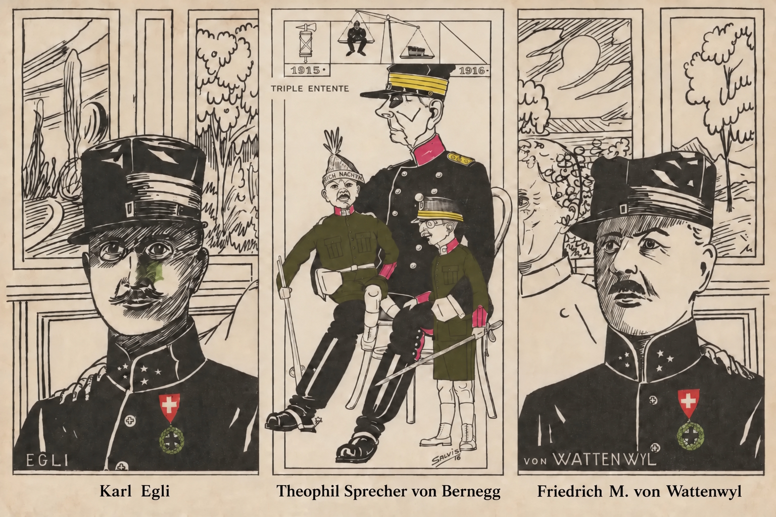Historische Karikaturen zur Obersten-Affäre 1916: Oberst Karl Egli links, Generalstabschef Theophil Sprecher von Bernegg mit den beiden Offizieren in seinen Armen. In der Mitte und Oberst Friedrich Moritz von Wattenwyl rechts.