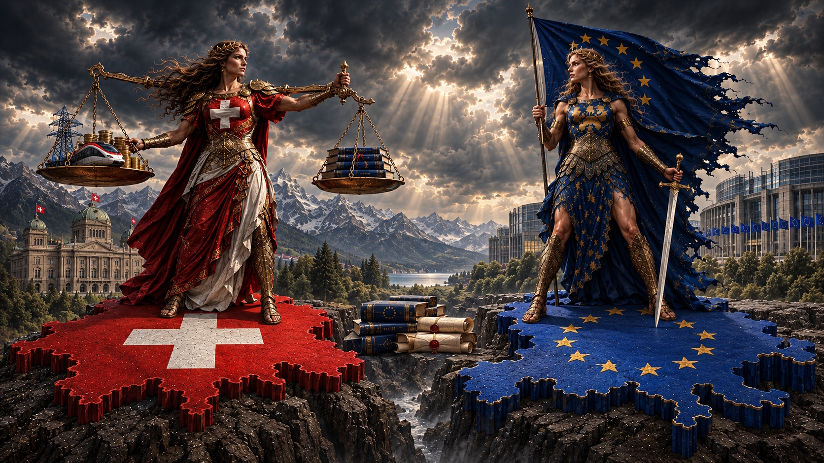 Allegorische Darstellung von Helvetia auf der Schweiz und Europa auf einer EU-Fläche, mit Waage, Rechtsbüchern und Verträgen als Symbolen für das Ringen um Souveränität.