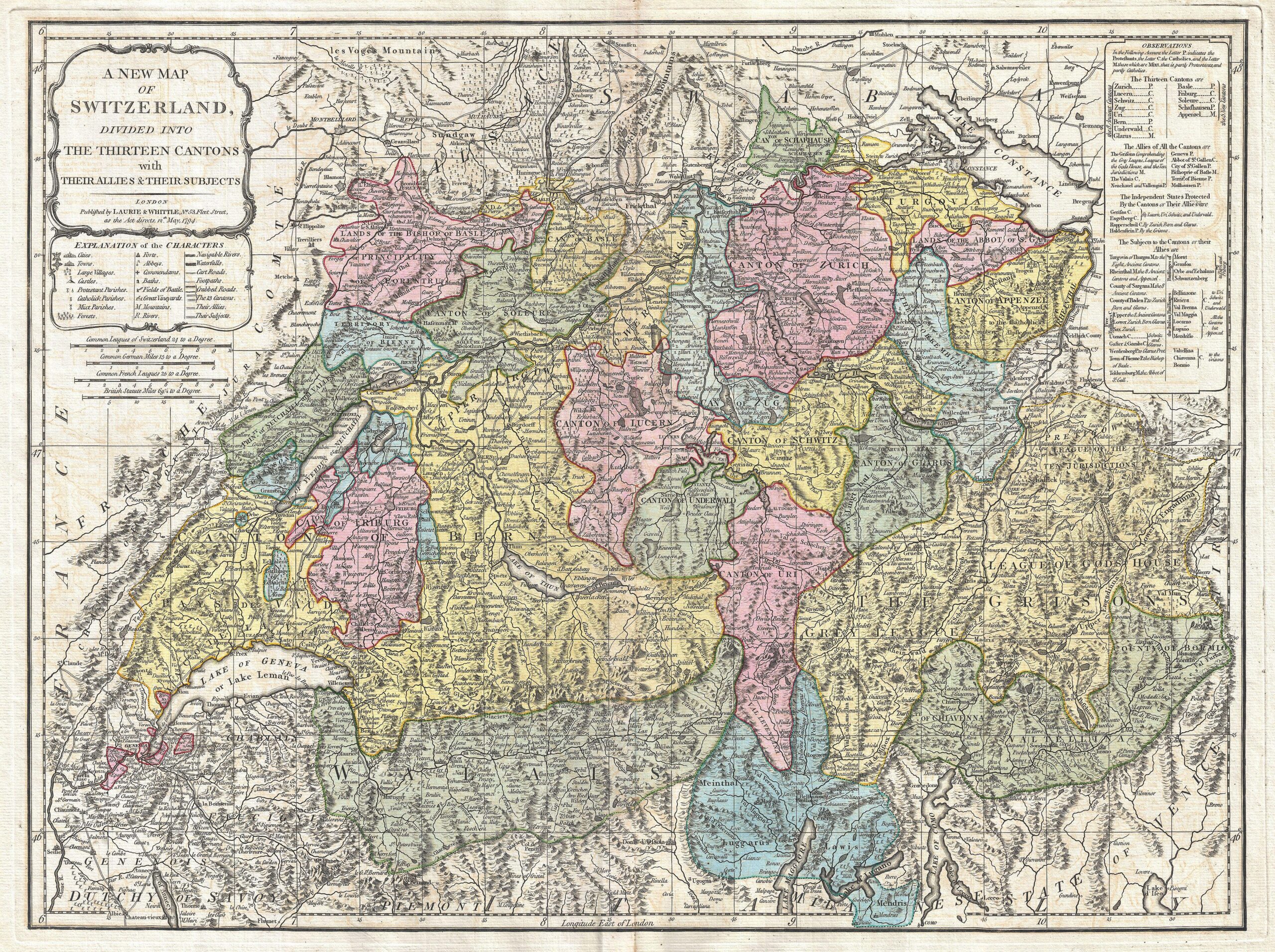 Historische Karte der Schweiz von 1794 mit den 13 Orten der Alten Eidgenossenschaft, ihren Verbündeten und Untertanengebieten.