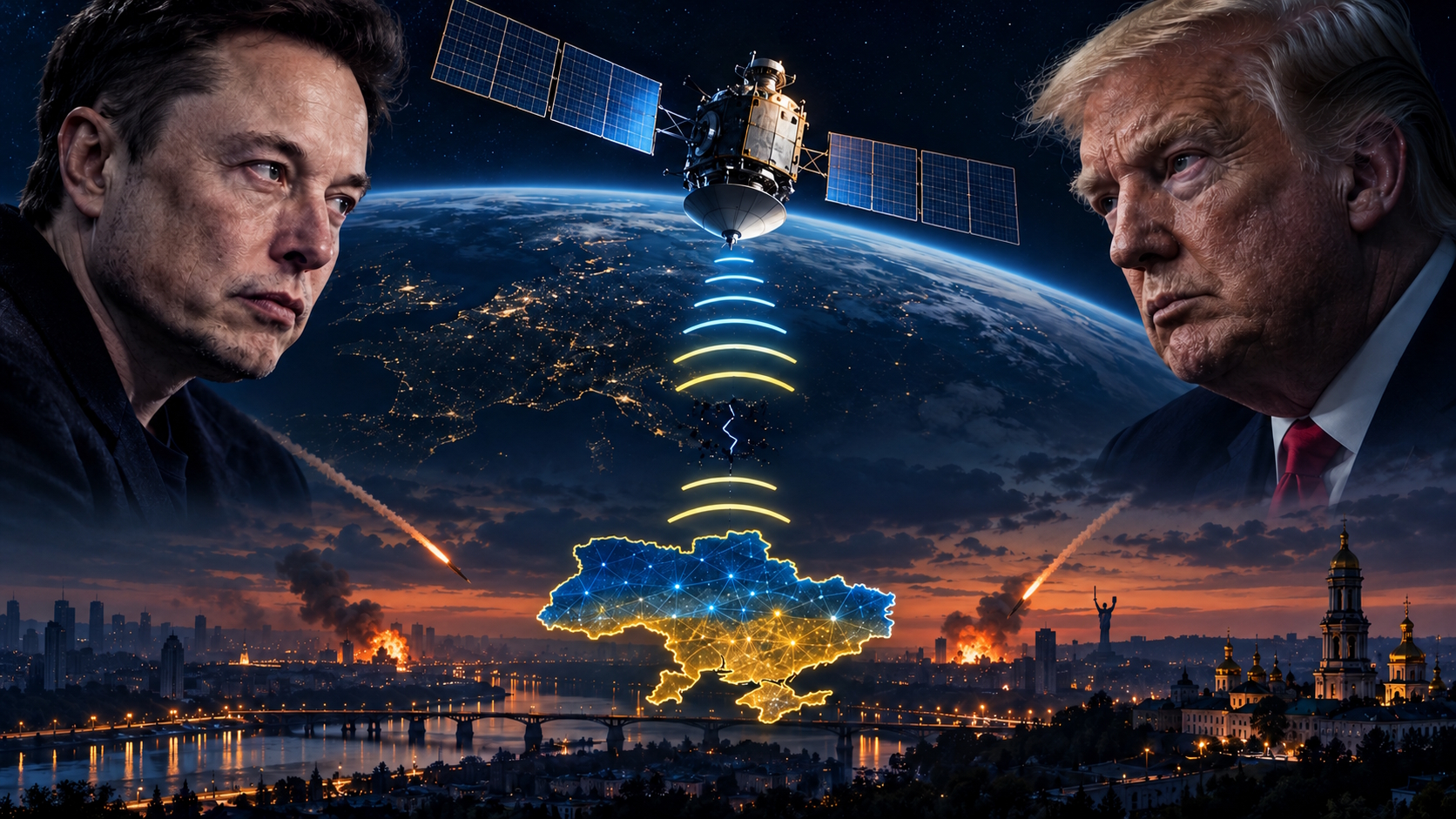 Symbolbild mit Elon Musk, Donald Trump, einer unterbrochenen Satellitenverbindung zur Ukraine und Raketeneinschlägen im Hintergrund.