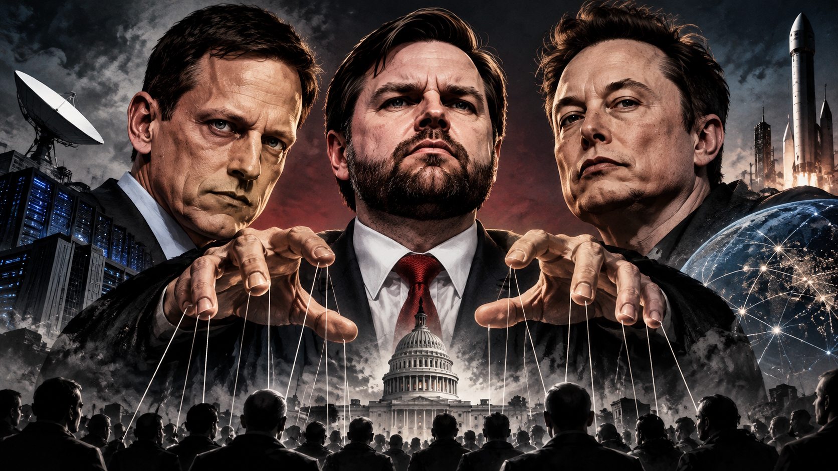 Illustration von Technofaschismus: Peter Thiel, JD Vance und Elon Musk als übermächtige Marionettenspieler vor dem US-Kapitol.