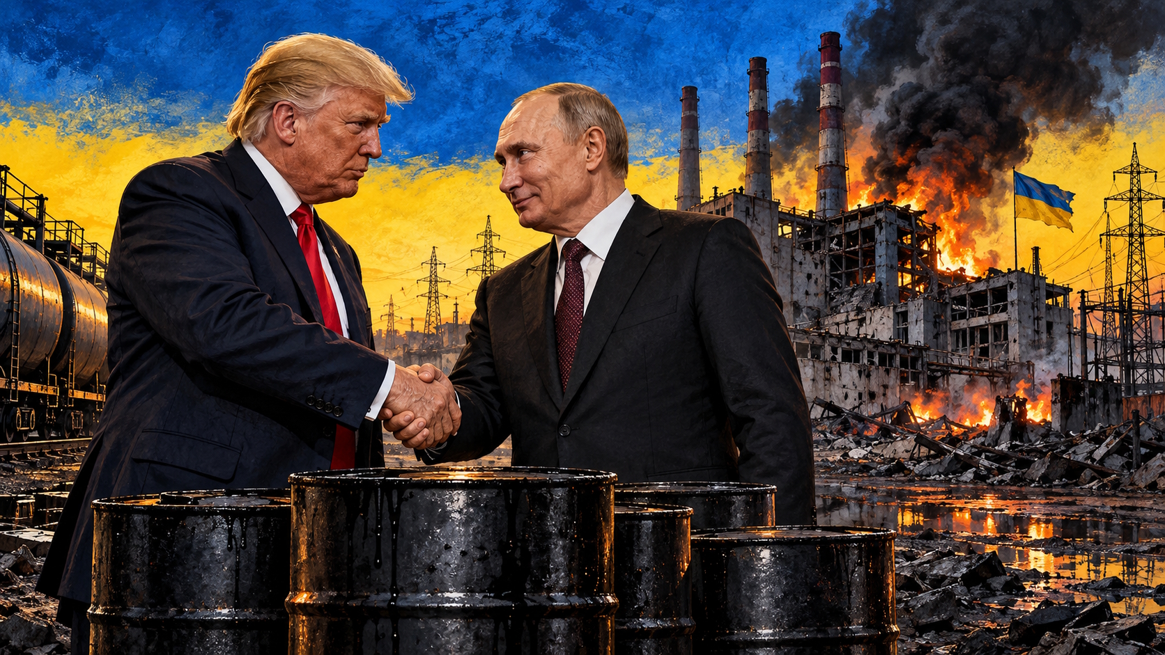 Trump und Putin reichen sich über Dieselfässern die Hand, während im Hintergrund ein ukrainisches Kraftwerk brennt.