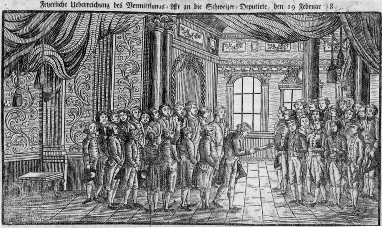 Historischer Holzschnitt: Napoleon übergibt die Mediationsakte an die Schweizer Abgeordneten im Tuilerienpalast in Paris.