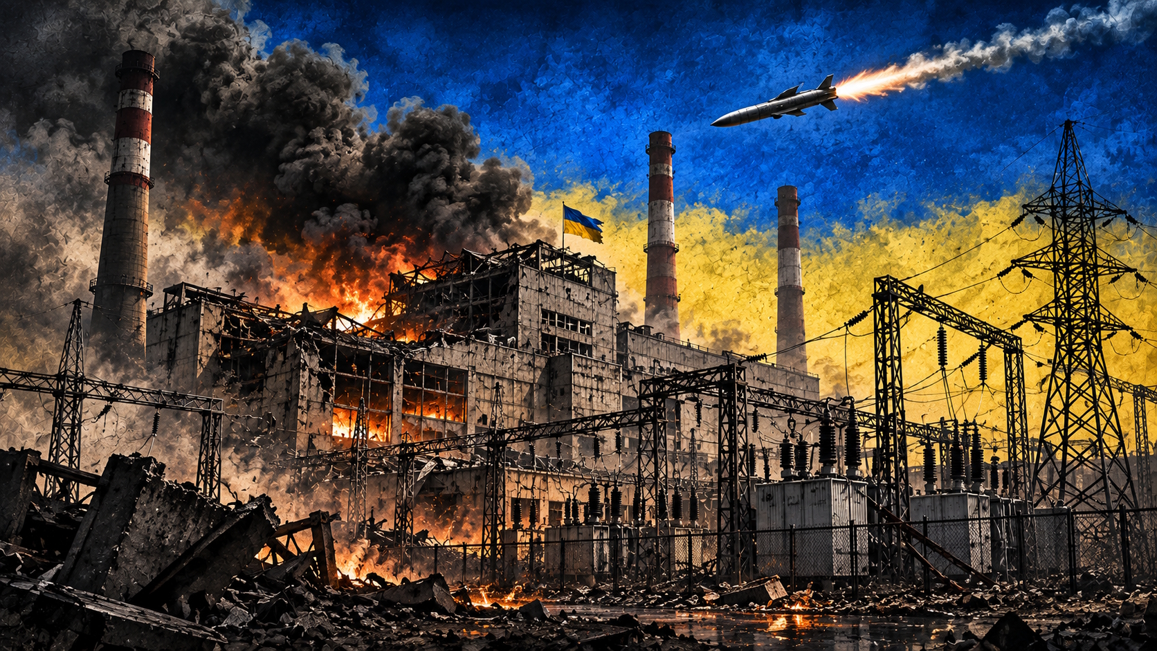 Ukrainisches Kraftwerk mit zerstörtem Gebäude, Feuer, Rauch und einem anfliegenden Marschflugkörper.