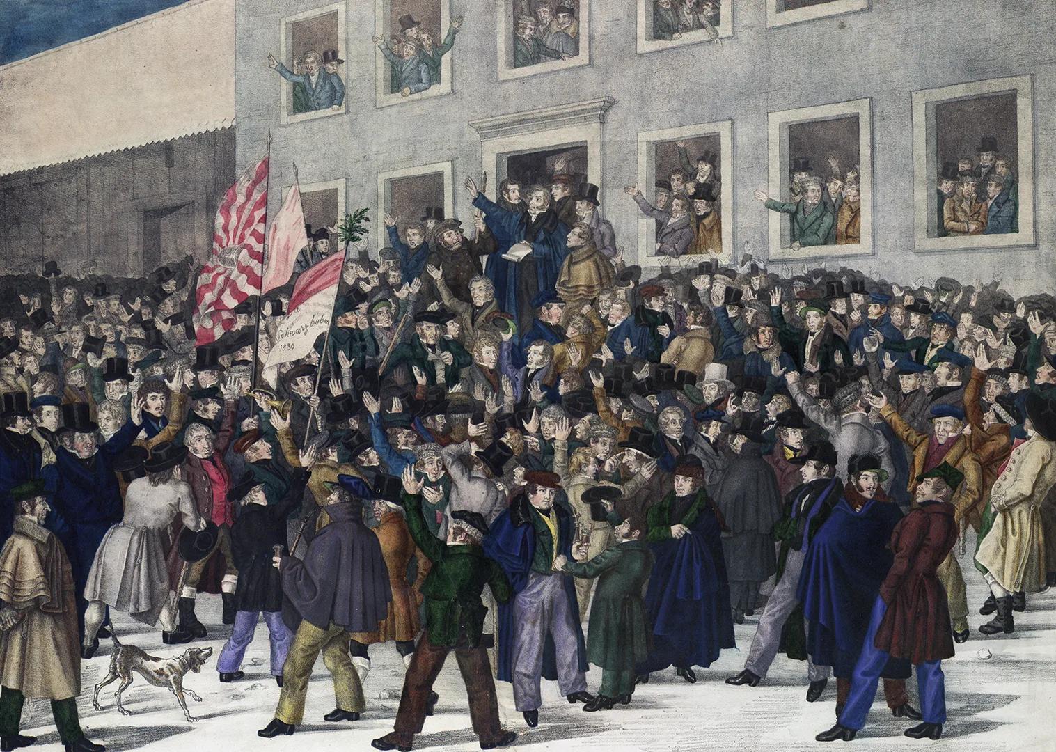 Josef Munzinger spricht am Volkstag vom 22. Dezember 1830 in Balsthal vor einer grossen Volksversammlung. Historische Lithografie von Joachim Senn.